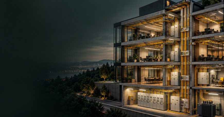 Elektrik tesisatı ve kablo güzergâhları gösterilen üç boyutlu bina modeli