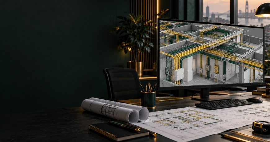 Elektrik projesi için 3D AutoCAD modeli ve teknik çizim masası