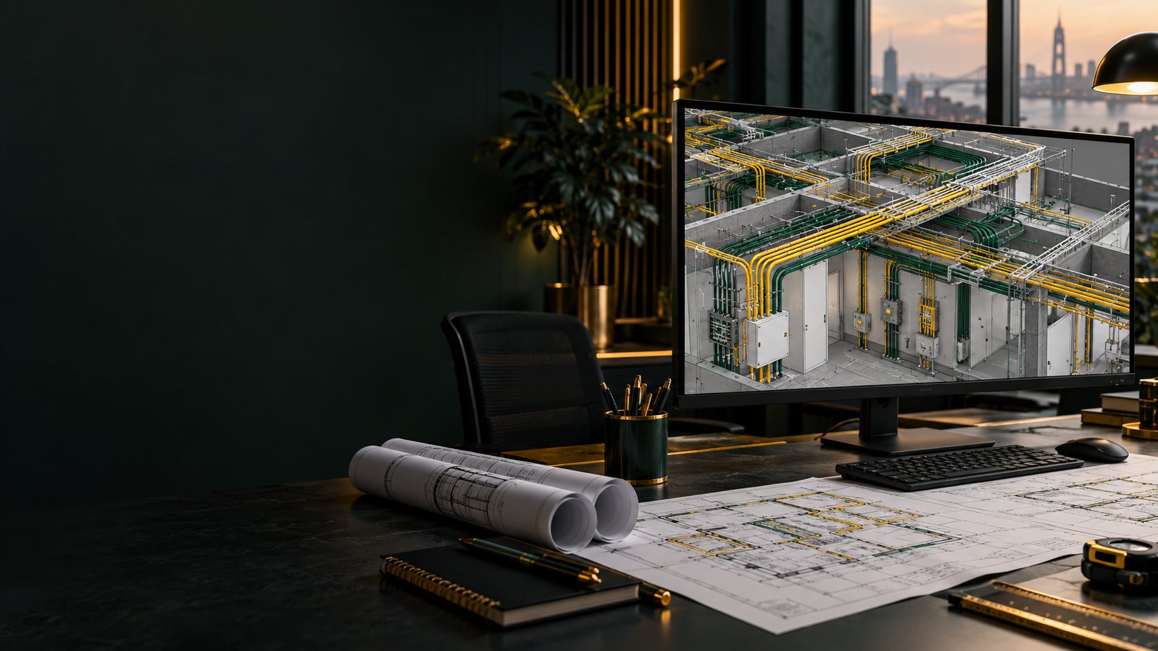 Elektrik projesi için 3D AutoCAD modeli ve teknik çizim masası